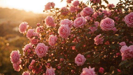 Obraz premium Pink roses in full bloom during sunset, creating a warm and serene atmosphere with soft lighting and lush foliage.