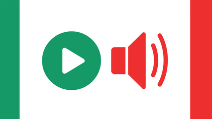 Italian flag with a play button and speaker icon overlayed