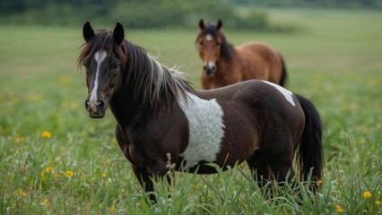 Two horses grazing on a green field with yellow flowers and a blurred background.