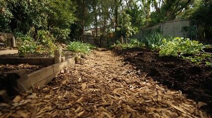 Garden path with wood chips and raised beds plants