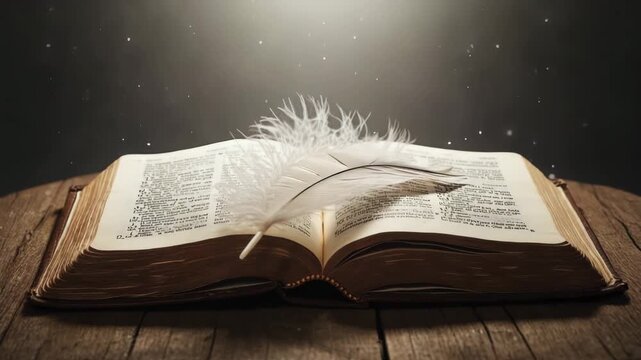 Open book on wooden table with soft light and floating dust particles