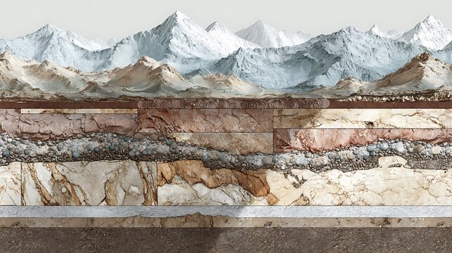 Detailed geological cross-section revealing diverse strata in a mountainous setting