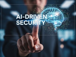Man Touching Holographic Screen with AI-Driven Security Concept and Glowing Brain Icon