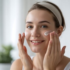 Smiling Woman Applying Skincare Cream
