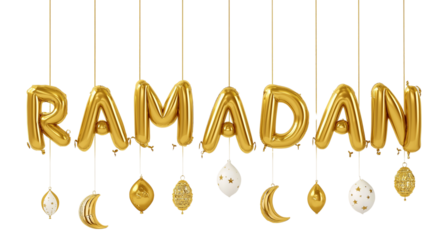 Golden Ramadan Balloons and Ornaments Hanging Islamic isolated on a transparent background