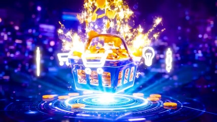 Digital E-Commerce Celebration with Glowing Shopping Basket, Falling Gold Coins, Neon Platform, Reward Sparks, and Online Purchase Success