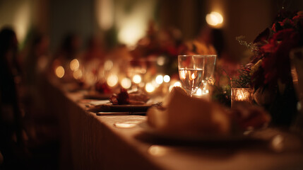 Candlelit holiday dinner table with wine glass and festive decorations in warm evening light and soft focus