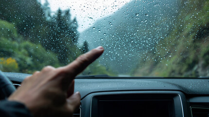 Driver hand pointing through rainy windshield from car interior on mountain road, concept for travel navigation