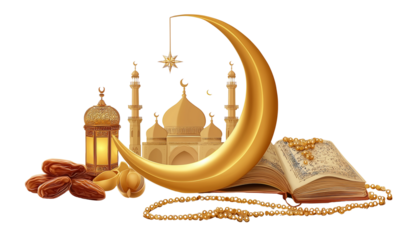 Golden Islamic Symbols Crescent Moon Mosque Dates Lantern and Quran isolated on a transparent background