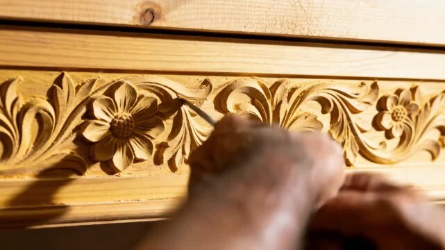 Craftsman carefully carves intricate molding designs showcasing the artistry and precision involved in custom millwork detailing for elegant interiors.