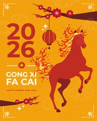 Chinese New Year vector greetings with year of the fire horse theme in flat illustration style