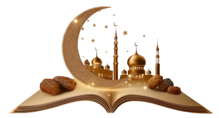 Golden Islamic Scene on Open Book with Crescent Moon and Mosque isolated on a transparent background