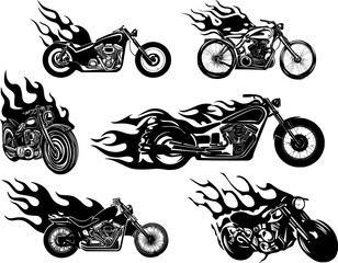 Naklejka premium Set of custom chopper motorcycles with dramatic flames on wheels and frames, Black and white illustration isolated on transparent background