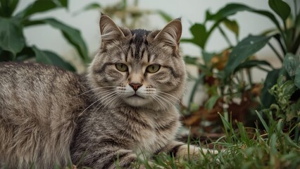 A feline resting outdoors among green plants and foliage.