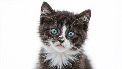 A cute black and white kitten with piercing blue eyes.