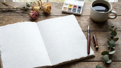 Wooden table with open notebook and supplies watercolor paints coffee cup