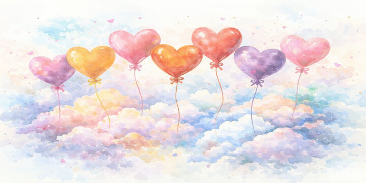 Colorful helium balloons fly high in the blue sky for a happy heart-shaped birthday and valentine day celebration