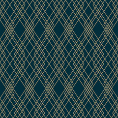 Elegant golden line pattern. Vector linear geometric seamless ornament with subtle grid, thin lines, lattice. Abstract gold and dark green minimal background. Art deco texture. Repeated luxury design