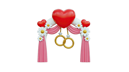 Wedding Arch with Hearts, Rings, Daisies, and Pink Drapes