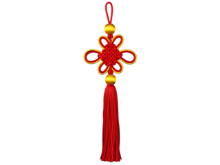Chinese knot decoration with red tassel and golden beads isolated on transparent background
