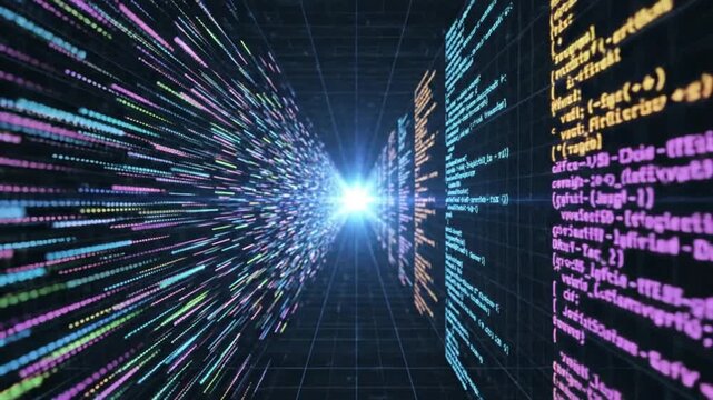 Vibrant data tunnel with colorful code streaming into the future