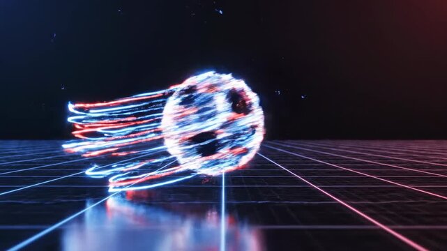 Abstract motion graphic of a glowing soccer ball composed of dynamic blue and red light trails curving rapidly across a seamless dark digital surface animation, effect, presentation background