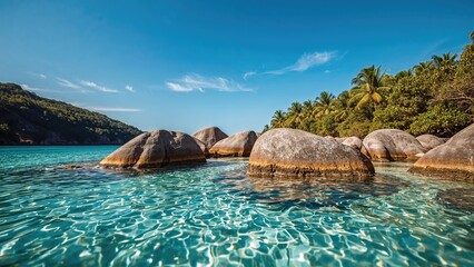 Tropical beach with large rocks and lush greenery under a blue sky, clear turquoise water, and a scenic island backdrop.