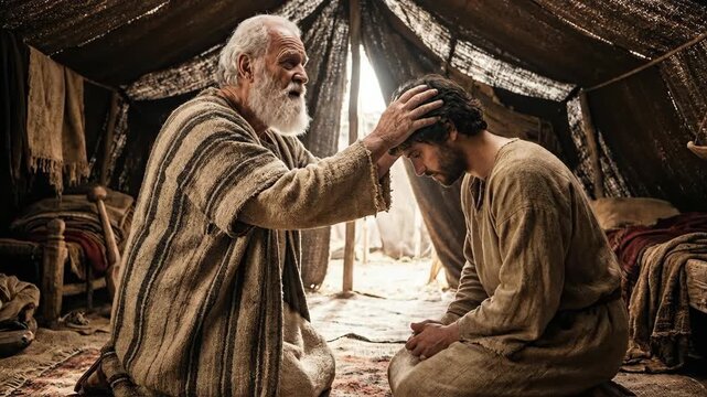 Old biblical patriarch Isaac blessing his kneeling son inside a tent with dramatic lighting representing the transfer of birthright