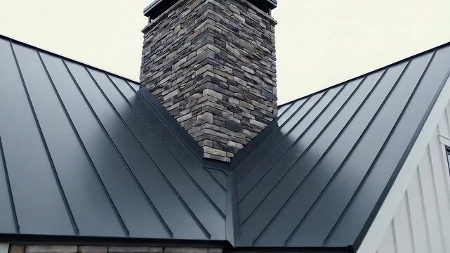 Modern house exterior with stone chimney and white siding