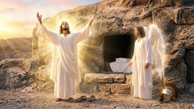 Risen Jesus Christ standing in glory outside the empty tomb with an angel and a Roman helmet on the ground representing victory over death