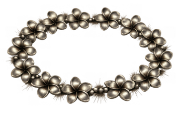 Silver plumeria flowers forming an oval frame, design element with metallic tropical wreath styling on transparent background