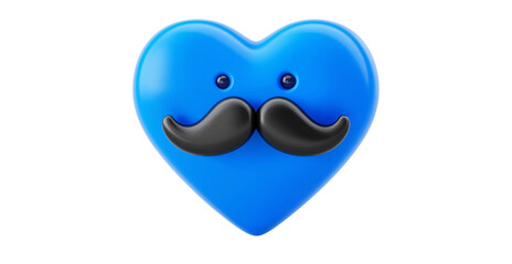 Blue heart with mustache and eyes cartoon character isolated on a transparent background