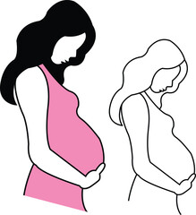 Pregnant Woman and Outline Version Keywords: pregnant, woman, pregnancy, belly, holding, baby