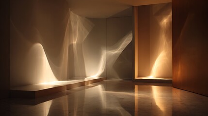 Warm sleek pancake projections on walls and floor in modern room with soft lighting with abstract and art and installation and interior and design