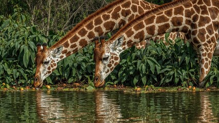 Two giraffes drinking water from a river with lush green foliage in the background.