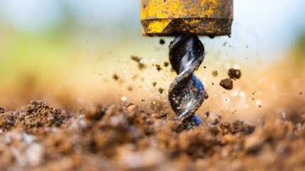Drill creates holes in soil at a construction site during daytime