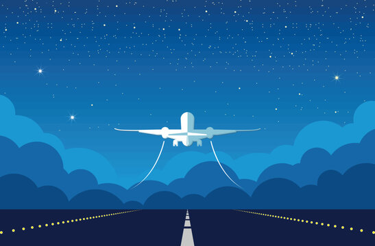 Passenger plane takes off from an airport runway. White plane in the blue sky rises flying above the clouds. Vector background template