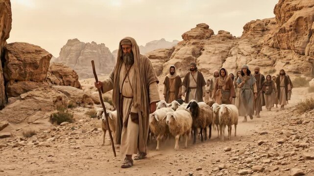 Biblical prophet Moses holding a wooden staff leading the people of Israel and a flock of sheep through a rocky desert canyon during the Exodus journey towards the promised land