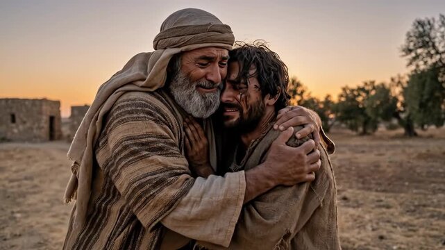 Emotional cinematic close up of a compassionate father hugging his dirty ragged son returning home at sunset illustrating the parable of the Prodigal Son and forgiveness
