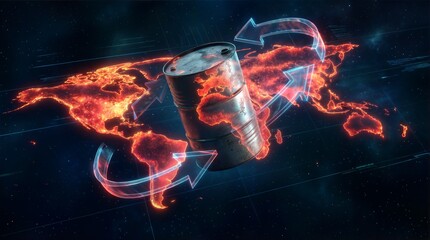 Global Oil Trade and Energy Market Concept with a Metal Fuel Barrel Surrounded by Glowing World Map and Circular Arrows Representing International Petroleum Logistics and Economy Fluctuations.