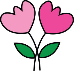 Two Pink Flowers with Green Leaves on White Background
