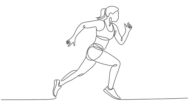 Minimalist continuous line art of a dynamic female runner in motion