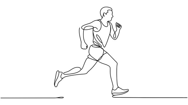 Dynamic continuous line art drawing of a male runner in motion, embodying speed and fitness