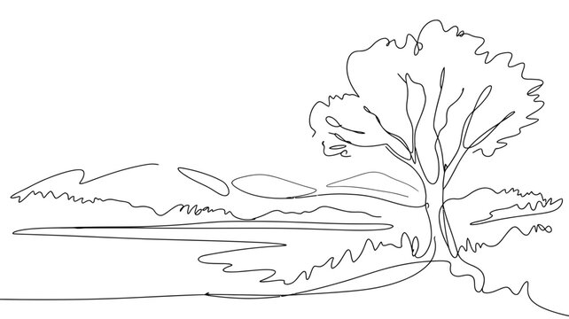 Continuous line art drawing of a serene natural landscape featuring a tree, water, and distant mountains