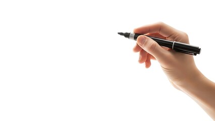 A hand holding a black marker poised above a white surface
