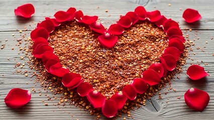 Rose petals form heart on chili flakes on wood