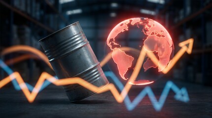 Conceptual image of the global oil market featuring a metallic drum barrel, a glowing digital earth globe, and fluctuating price graph arrows representing economic trends and energy costs.