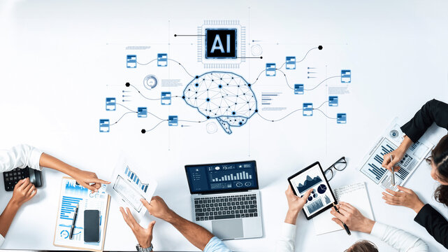 A diverse team of professionals collaborates over an artificial intelligence project, utilizing modern technology and data analysis tools in a bright, engaging office environment. Trope - Powered by Adobe
