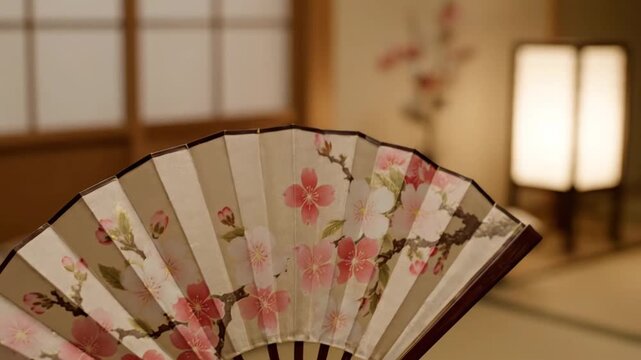 Elegant Japanese Hand Fan with Cherry Blossom Design in a Traditional Room.