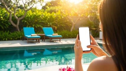 Woman using smartphone by a poolside with lounge chairs and lush greenery